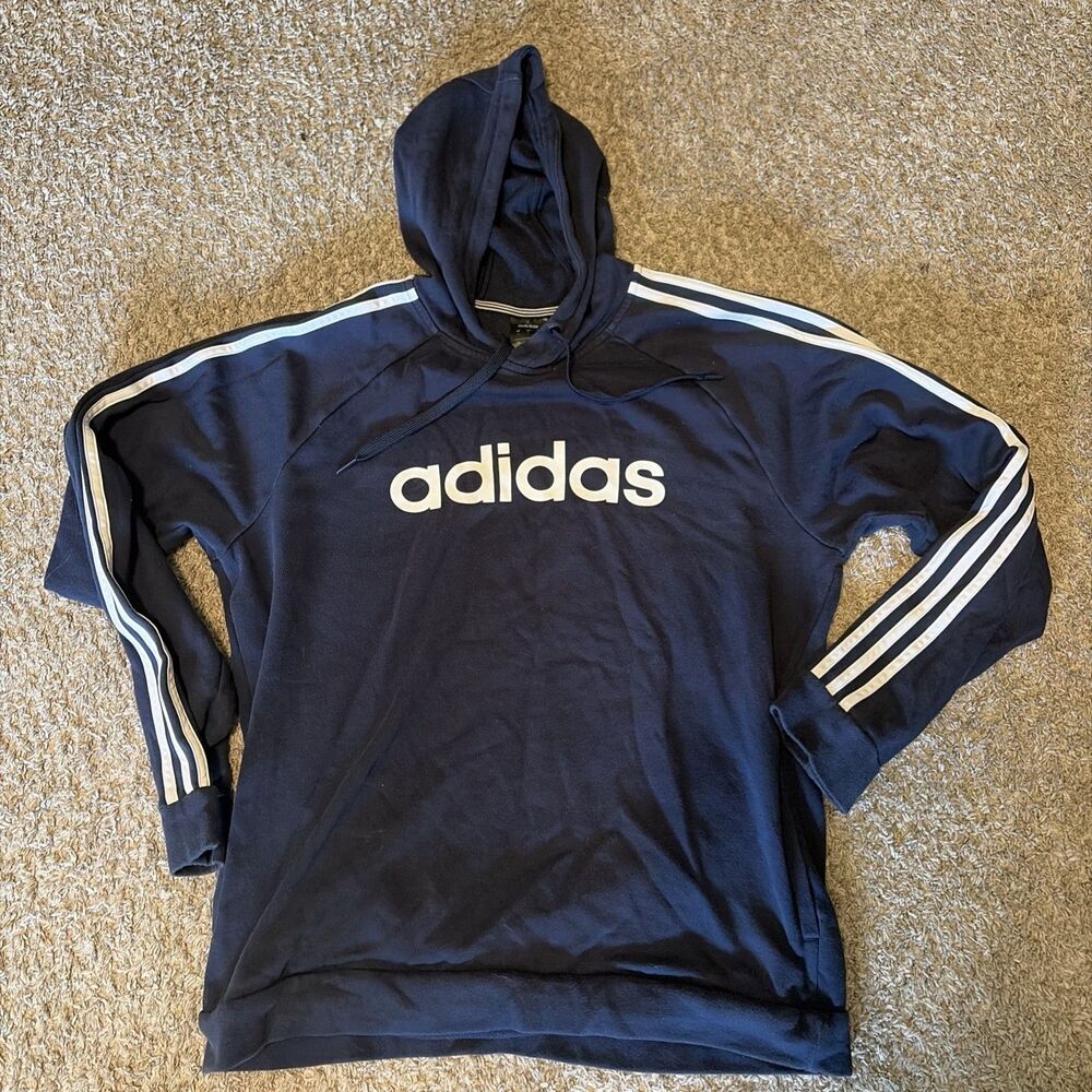 Adidas Hoodie Men’s L Navy Blue Pullover 3 Stripe Logo Sweatshirt